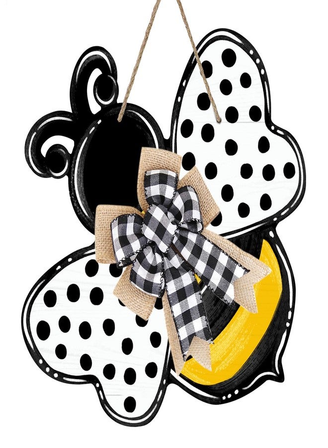 Deroro Bumble Bee Spring Summer Front Door Sign, Polka Dot Farmhouse Wood Door Hanger Outdoor Outside Porch Decor, Wooden Wreath with Buffalo Plaid Check Bow Indoor Wall Hanging Decoration - Image 1